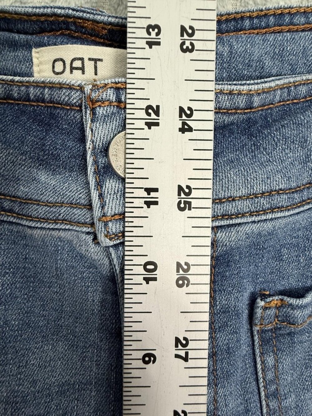 OAT New York Wide Leg High Rise Jeans Womens 10 Blue Boho Raw Hem Stretch Denim - Picture 6 of 9